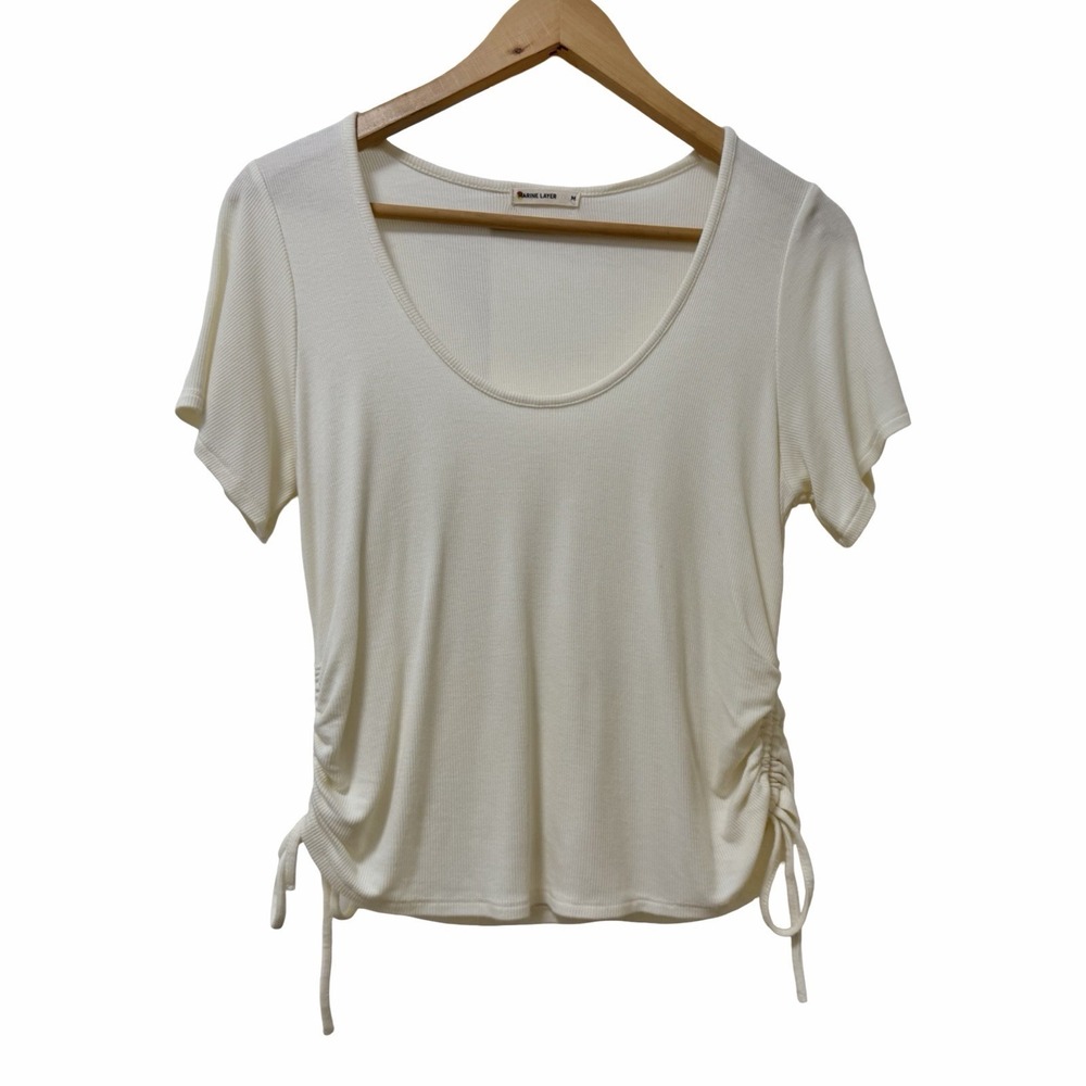 Marine Layer Womens Ribbed Scoop Neck Side Ruched T Shirt Size M Off White Top